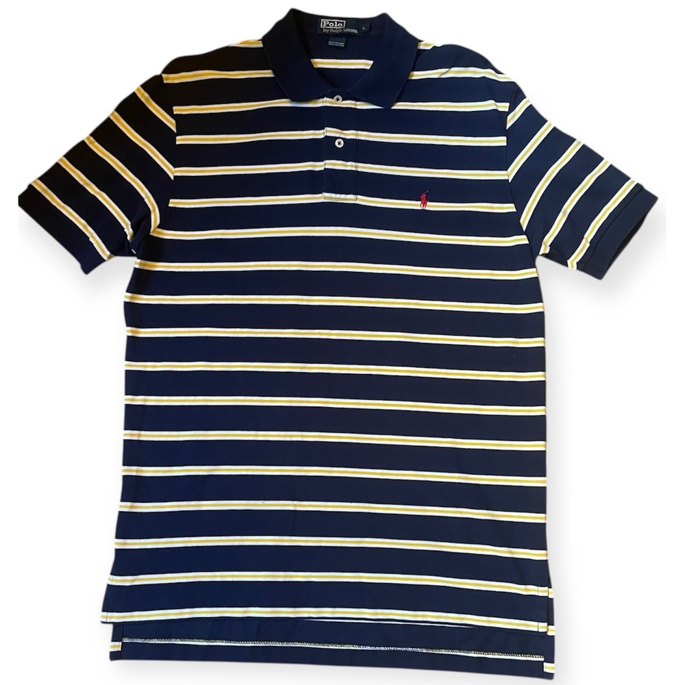 Polo by Ralph Lauren Mens Striped‎ Polo Shirt Size L Navy Blue Yellow Golf